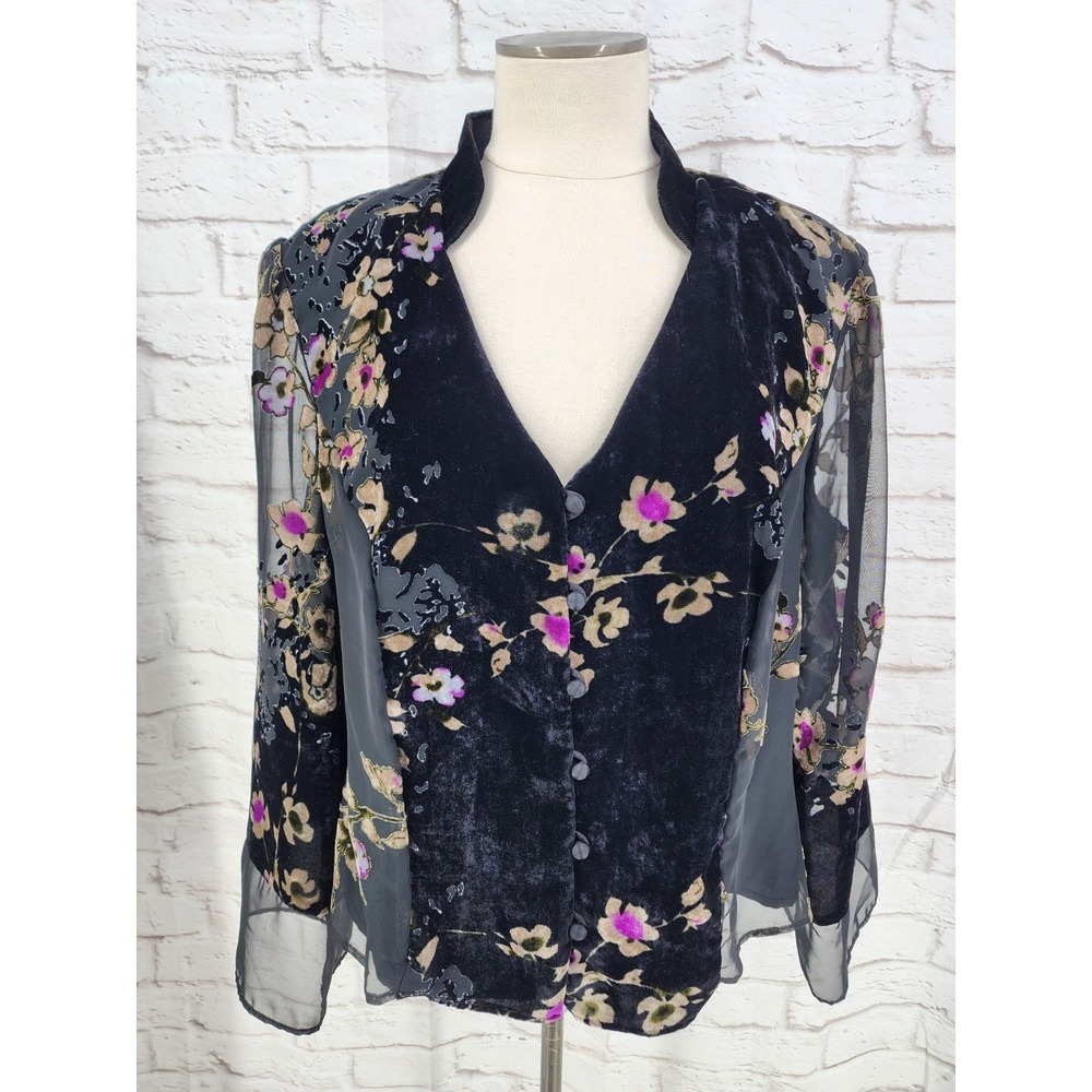 Vintage JR Nite Whimsigoth Top Edwardian Velvet Dark Moody Floral Sheer Vamp 2X?